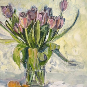 Original Impressionist Oil Painting on Linen Canvas of Lavender Tulips Purple Tulips Painting Floral Wall Art w Frame Interior Design Violet