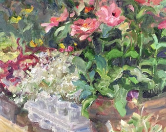 May include: A painting of a flower arrangement featuring pink blooms, green foliage, and a white flower in the foreground. The flowers are in pots and the painting is executed in a loose, impressionistic style.