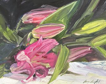 Original Oil Floral Lilly Painting on Canvas, Pink Lillies Wall Art, Pink Flowers, Pink and Black Floral Painting, Gift for Her, Pink Lily