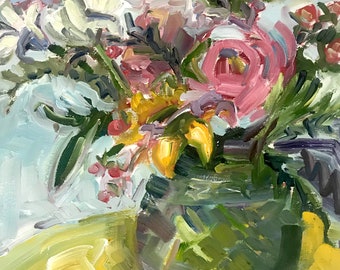 Original Oil Painting of Flowers, Sunflower, yellow flower art, Pink Rose Art, Floral Still Life Painting, Impressionist Art Decor