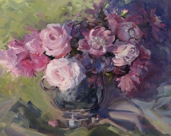 Fine Art Reproduction Giclee Print of Still Life Peonies /Impressionistic Style by North Carolina Artist Angela Tommaso Hellman/Gift for Her