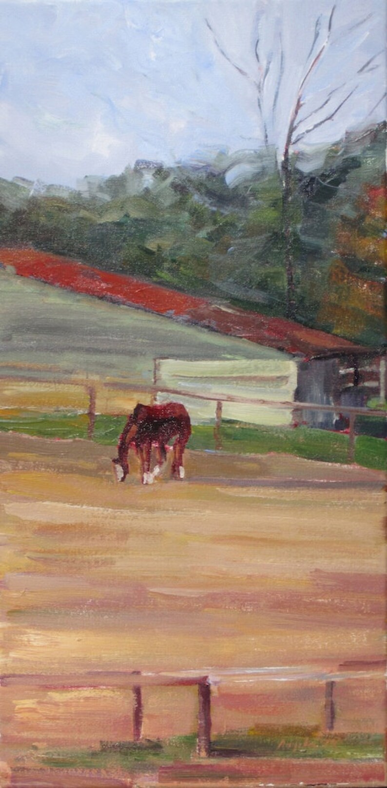 Original Impressionistic Oil Painting of horse and barn, Contemporary Art, Fine Art Painting Art,Angela Tommaso Hellman 18 x 24 image 1