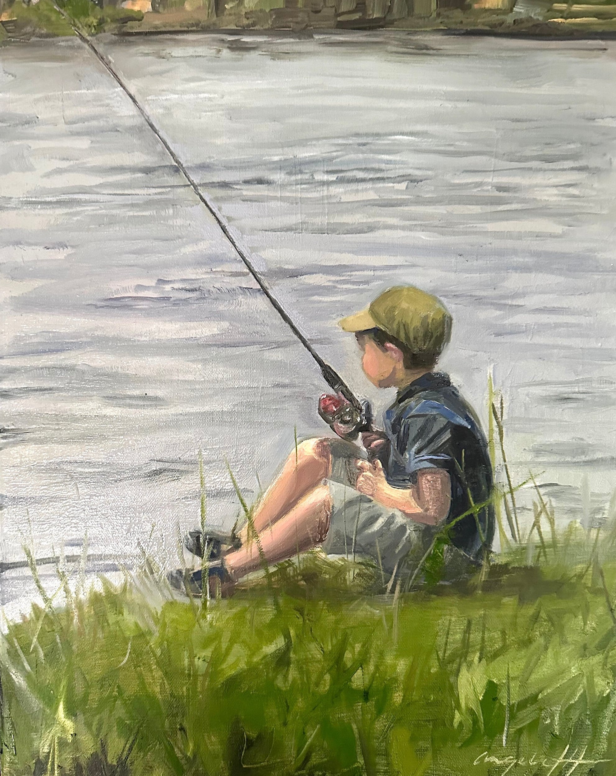 Original Oil Painting Boy Fishing, Gift for Dad, Gift for Mom