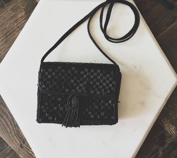 1980s VTG Black Beaded Mini Purse Bag with Beaded
