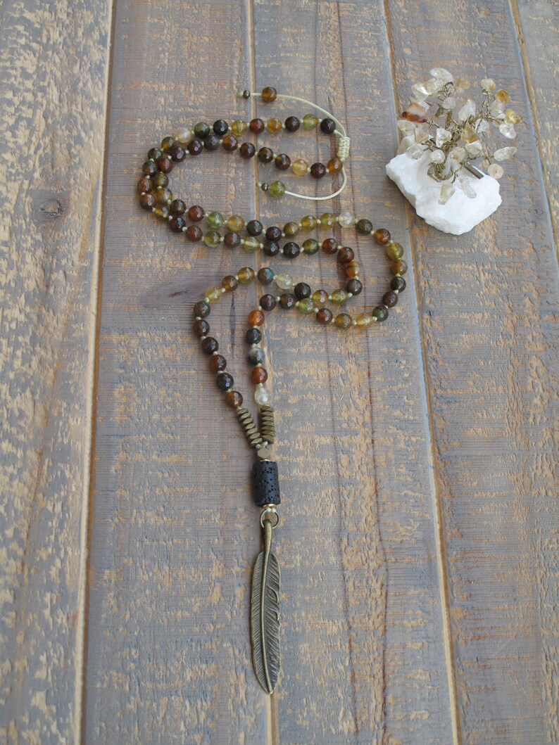 Unisex Necklace Man And Woman Fashion Mala Necklace With Bronze Tone Feather Pendant And Gemstone Beads
