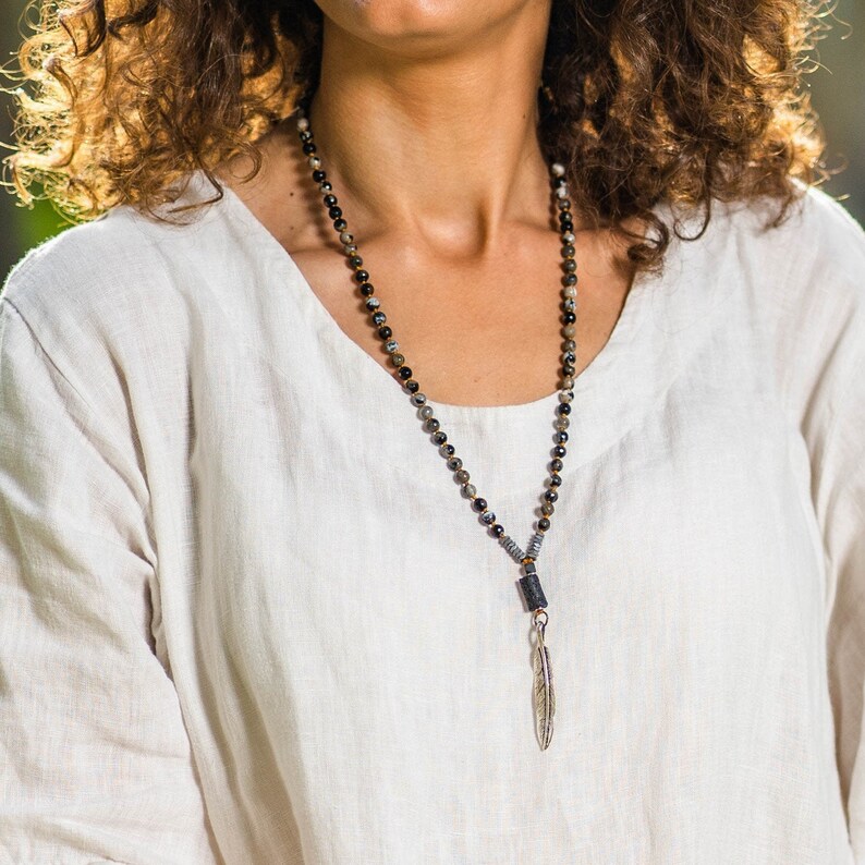 Unisex Necklace Man And Woman Fashion Mala Necklace With Bronze Tone Feather Pendant And Gemstone Beads
