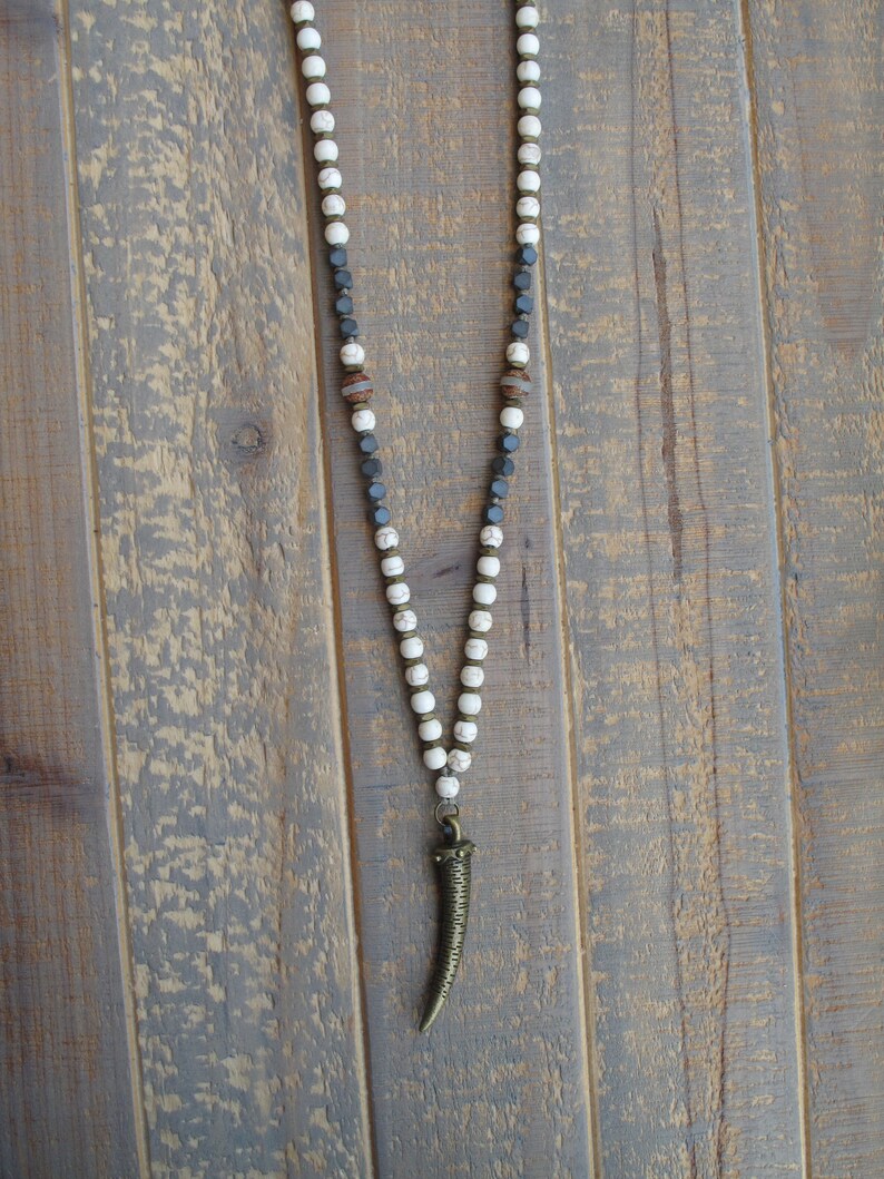 Unisex Necklace Man And Woman Fashion Mala Necklace With Bronze Tone Feather Pendant And Gemstone Beads