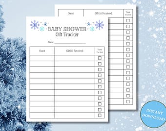 Winter Baby Shower Gift Tracker, Printable Snowflake Gift Recorder, Blue Newborn Gift List, Guest Book, Keepsake Log, Instant Download