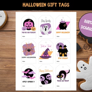 May include: Nine printable Halloween gift tags with various spooky designs. The tags feature a ghost, a witch's hat, a spider web, a cauldron, a haunted house, a skull, a cat, and pumpkins. The text on the tags includes "Trick or Treat", "Happy Halloween", and "Stay Spooky".