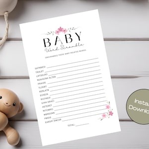 Baby Word Scramble Game, Printable Pink Baby Shower Game, Flower Baby Word Puzzle, Word Game, Instant Download, Non Editable, 03