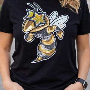 Gold Sequin Yellow Jacket Patch with Star Eyes – Embroidered Chenille Appliqué for Shirts, Jackets & Bags