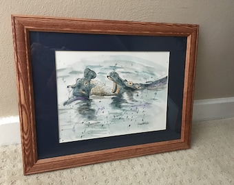 Two Playing Hippos original painting matted and framed