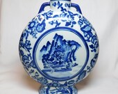 Vintage Chinese Blue White Flat Moon Flask Porcelain Signed Blue Double Handles Mountain Waterfall Scenery Flower Floral Paisley Vase Jug