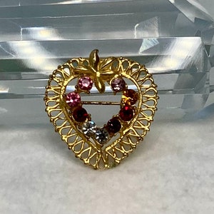 Vintage Gold Heart Rhinestone Brooch Pin Jewelry Red Pink Yellow Clear Glass Rhinestone Gold Tone Love Romantic Gift for Her Friendship