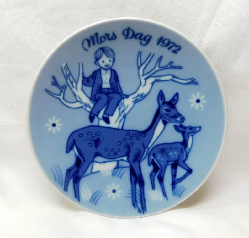 1972 Porcelain Small Plate Limited Third Issue Porsgrunds Norway Blue White Boy in Tree Deer Fawn Flower Gift Mothers Day Vintage Mors Dag