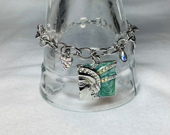 Kirks Folly Statue of Liberty Freedom Charm Bracelet Signed Jewelry Silver Tone Chain Heart Teardrop Rhinestone Vote Fourth of July 4th Gift