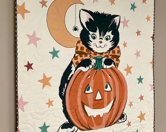 Halloween Cat Quilt Cotton Handmade Quilted Blanket Large Panel Retro Black Kitten Pumpkin Jack O Lantern Stars Moon Black Orange Throw Gift