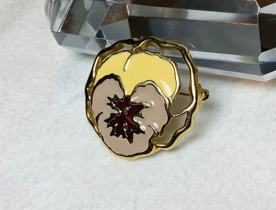 Vintage Pansy Brooch Pin Jewelry Gold Tone Enamel… - image 3