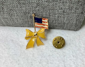 Vintage American Flag Yellow Bow Enamel Brooch Lapel Tack Pin Jewelry Red White Blue Patriotic Patriot Proud USA Support Military Vote Gift