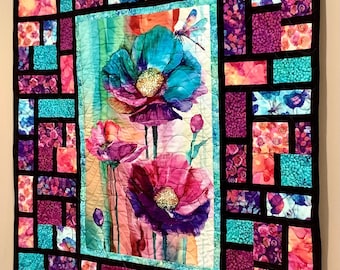 Large Flower Quilt Handmade Colorful Cotton Dragonfly Poppy Waterfall Floral Stained Glass Bright Teal Purple Orange Black Pink Completed