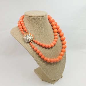 Vintage Necklace Coral Bead Shell Signed Marvella Jewelry Double Strand Gold Shell Pendant Enamel Rhinestone Clasp Coral Peach Orange Tones