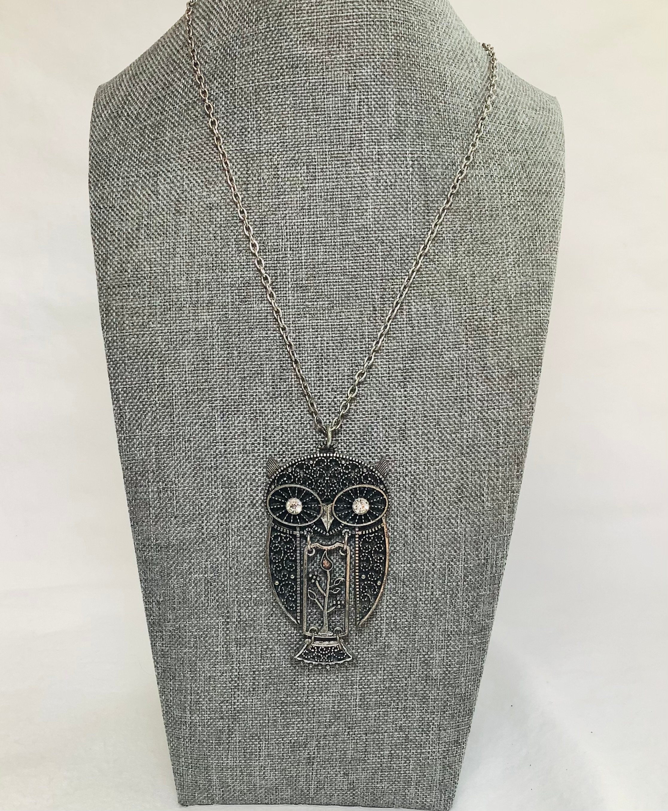 Vintage Owl Flower Pendant Necklace Designer Jewelry Silver Stone Chain Bird Rhinestone Eyes Flower 