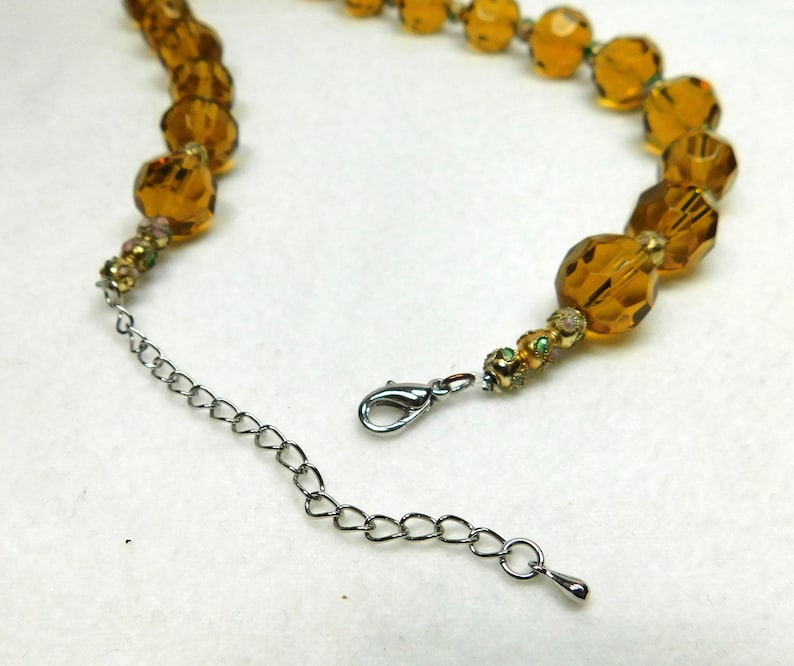 Vintage Glass Cloisonne Necklace Jewelry Amber Brown Tan Cut Glass Beads Cloisonne Silver Chain Choker Bridal Anniversary Love Gift