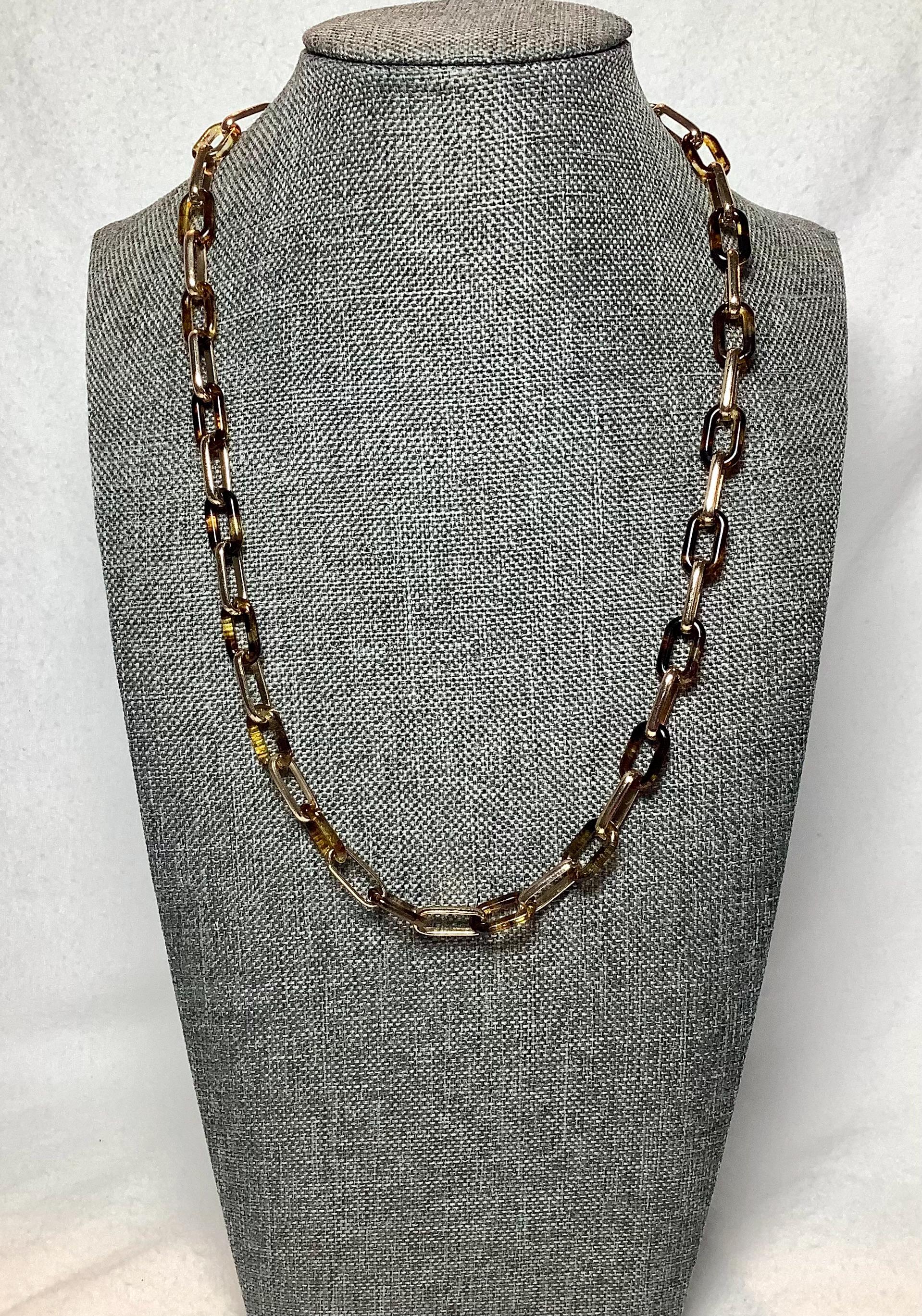 Vintage Tortoiseshell Chain Link Necklace Designer Jewelry Gold Tone Metal Faux Turtle Shell Acrylic Brown Tan Marble Retro Gift Her Wife