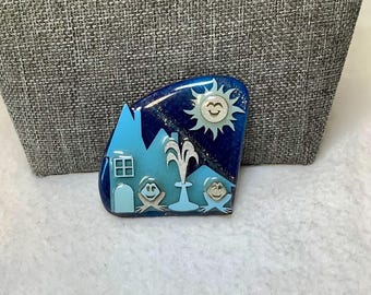 Vintage Blue Frog Brooch Pin House Pins by Lucinda Signed Designer Jewelry Sparkle Light Dark Blue Sky Frogs Fountain Smiling Sun Animal Pet