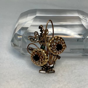 Vintage Abstract Flower M&S 12K Gold Filled Brooch Pin Signed Jewelry Gold Tone Floral Flower Basket Green Clear Rhinestones Gift for Her