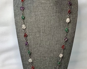 Vintage Multi Color Stone Bead Necklace Jewelry High Polished Round Quartz Rose Purple Green White Orange Metal Wrapped Love Compassion Gift