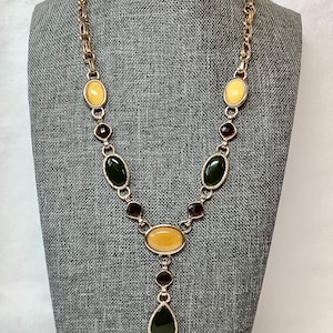 Vintage Bead Bib Necklace Fashion Jewelry Gold Tone Multi Colors Yellow Brown Green Colors Retro Statement Acrylic Oval Cabochon Beads Gift