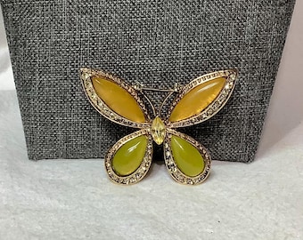 Vintage Butterfly Brooch Pin Fashion Jewelry Acrylic Green Yellow Translucent Stone Beads Gold Tone Rhinestones Retro Artsy Gift Her Wife