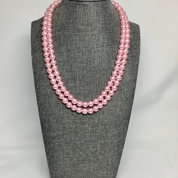 Vintage Pink Bead Necklace Japan Signed Jewelry Two Double Strand Faux Pink Pearl Bib Necklace String Strung Bride Romance Love Gift for Her