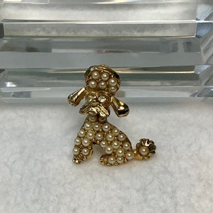 Vintage Poodle Dog Pin Brooch Jewelry Small Faux Pearl Rhinestone Eyes Gold Tone Dog Puppy Pet Animal Furry Gift for Friend Him Her