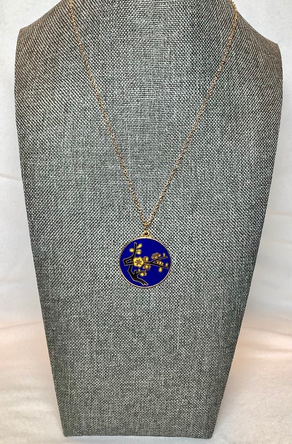 Vintage Royal Blue Flower Cloisonne Pendant Neckla