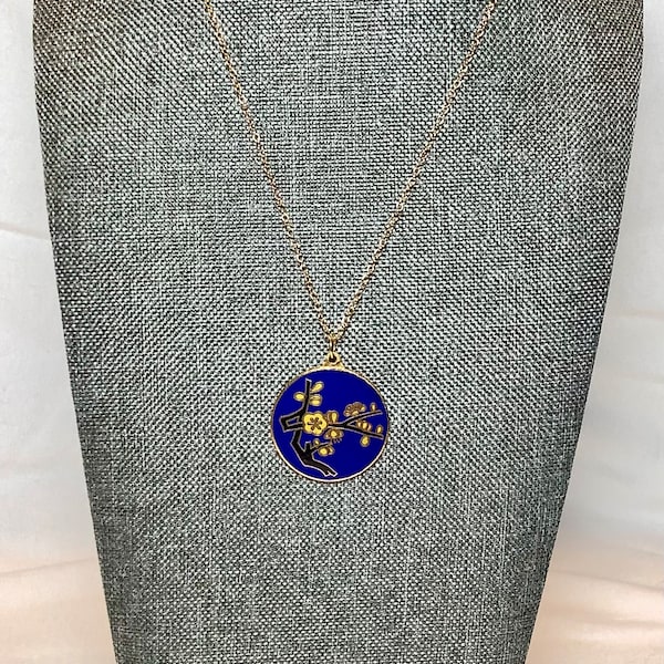 Vintage Royal Blue Flower Cloisonne Pendant Necklace Enamel Yellow Gold Black Oriental Asian Floral Design Romantic Love Friend Gift for Her