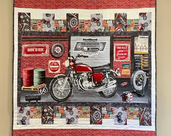 Motorcycle Quilt Handmade Cotton Quilted Lap Throw Blanket Motorcycle Shop Biker Rider Motor Dirt Bike Chopper Garage Tools Gift for Him