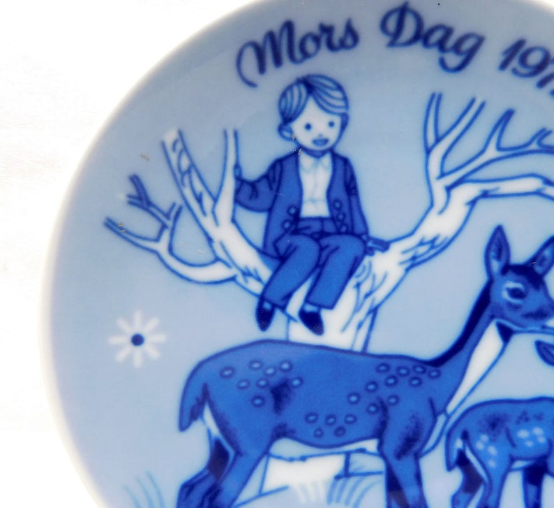 1972 Porcelain Small Plate Limited Third Issue Porsgrunds Norway Blue White Boy in Tree Deer Fawn Flower Gift Mothers Day Vintage Mors Dag