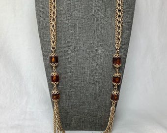 Vintage Faux Tortoise Shell Necklace Sarah Coventry Signed Designer Jewelry Golden Lanterns Long Gold Tone Chain Brown Acrylic Beads Glamour