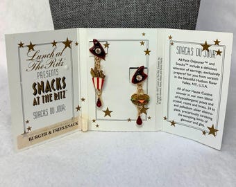 Vintage Burger Fries Earrings Lunch At The Ritz Signed Designer Jewelry Dangle Gold Tone Red Enamel Rhinestone Food Menu Card Snacks Du Jour