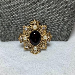 Vintage Red Rhinestone Brooch Pin Designer Jewelry Ornate Filigree Gold Tone Faux Pearl Beads Victorian Elegant Love Gift Her Wife Bride