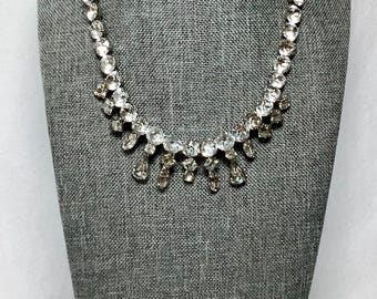 Vintage Ornate Clear Rhinestone Necklace Designer Jewelry Large Faceted Cut Multi Shaped Glass Beads Silver Tone Romantic Elegant Bride Gift