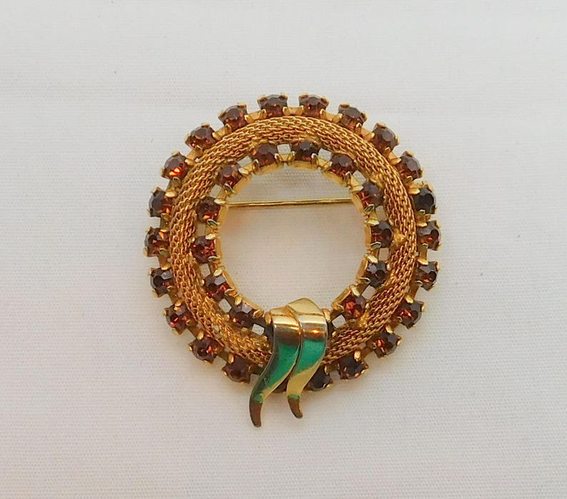 Vintage Austria Wreath Brooch Pin Signed Jewelry Facet Cut Glass Amber Rhinestone Gold Rope Weave Ribbon Round Circle Bride Gift For Her image 1