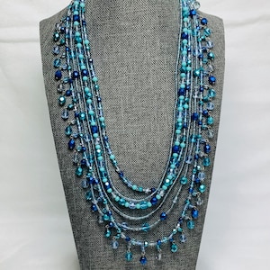Vintage Blue Bead Joan Rivers Necklace Signed Designer Jewelry Multi Strand Purple Blue Turquoise Silver Tones Retro Statement Gift Her Wife
