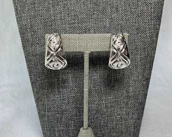 Vintage Silver Ornate Half Hoop Clip On Monet Signed Designer Jewelry Silver Tone High Shine Abstract Floral Geometric Glamour Elegant