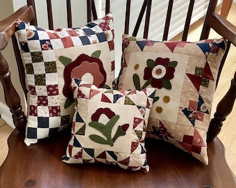 Flower Pillows Matching Set of 3 Handmade with Hand Embroidered Wool Applique Embroidery Quilt Pieced Primitive Small Sized w/ Pillow Forms