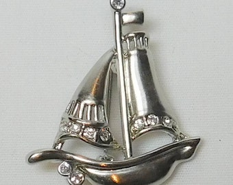 Vintage Sailboat Brooch Pin Kirks Folly Signed Designer Jewelry Rhinestones Silver Tone Boat Sail Sailor Ocean Beach Nautical Cruise Gift