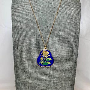 Vintage Yellow Flower Cloisonne Pendant Necklace Enamel Royal Blue Gold Green Oriental Asian Floral Design Romantic Love Friend Gift for Her