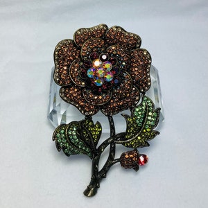 Vintage Large Rhinestone Flower Brooch Pin Jewelry Aurora Borealis Orange Green Gold Tone Romantic Love Wedding Corsage Gift Her Wife Mom